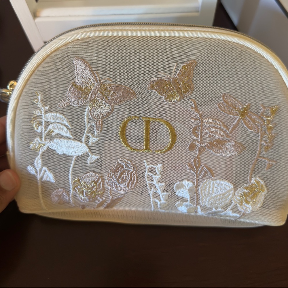 Dior Mesh Pouch with Gold and Cream Embroidery